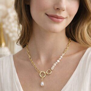 18K Gold Plated Steel Paperclip Chain Freshwater Pearl Asymmetrical Necklace